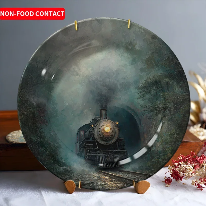 1pc Vintage Steam Train Tunnel Ceramic Decorative Plate Hand-painted Retro Train Art Plate Home Wall Decoration Ornament