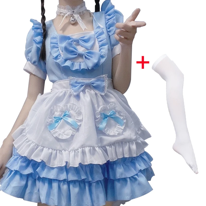Anime Maid Lolita Dress Cosplay Costume Purple Pink Women Loli Dress Cat Claw Maid Bow Bell Collar and White Stockings