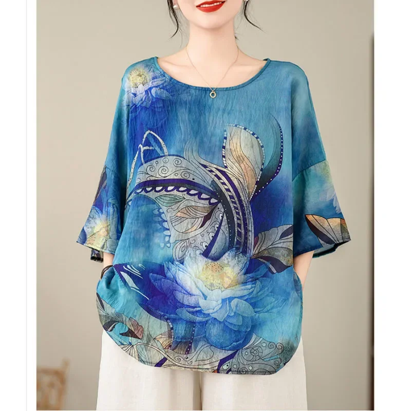 New Women's Summer Korean Version O-Neck Animal Print Loose Casual Batwing Sleeve Ethnic Style of Hemp and Cotton Chiffon Tops