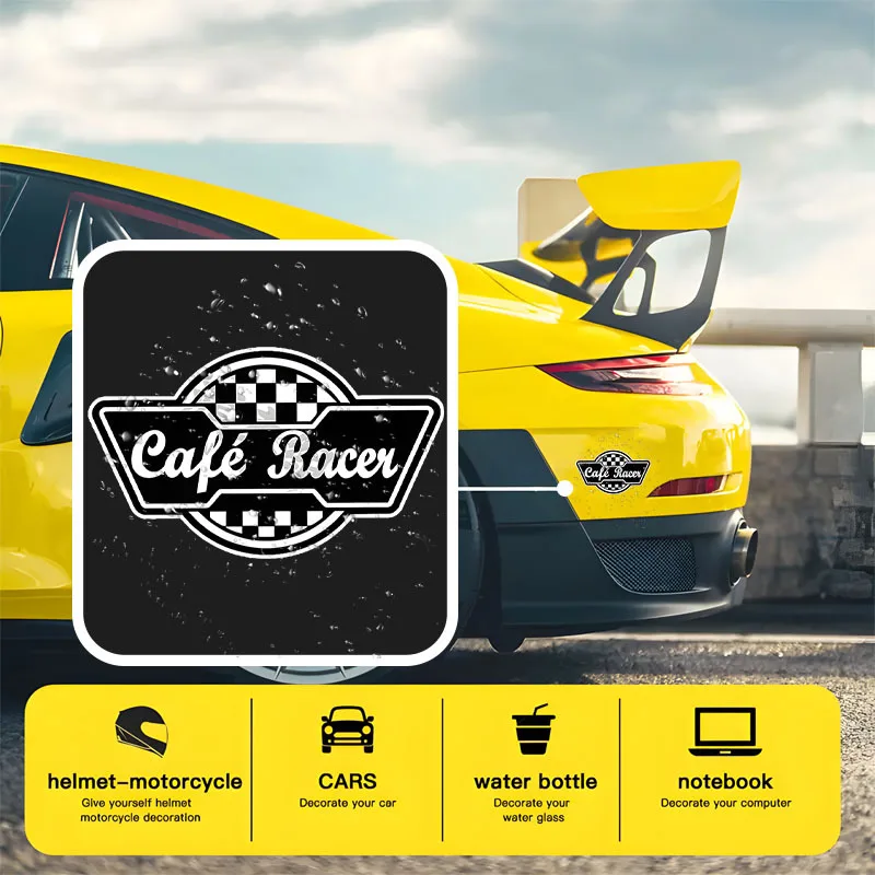 2D Flat Café Racer Sticker, Black White Checkerboard Pattern Waterproof Vinyl Decal, For Motorcycle Car Laptop Decor
