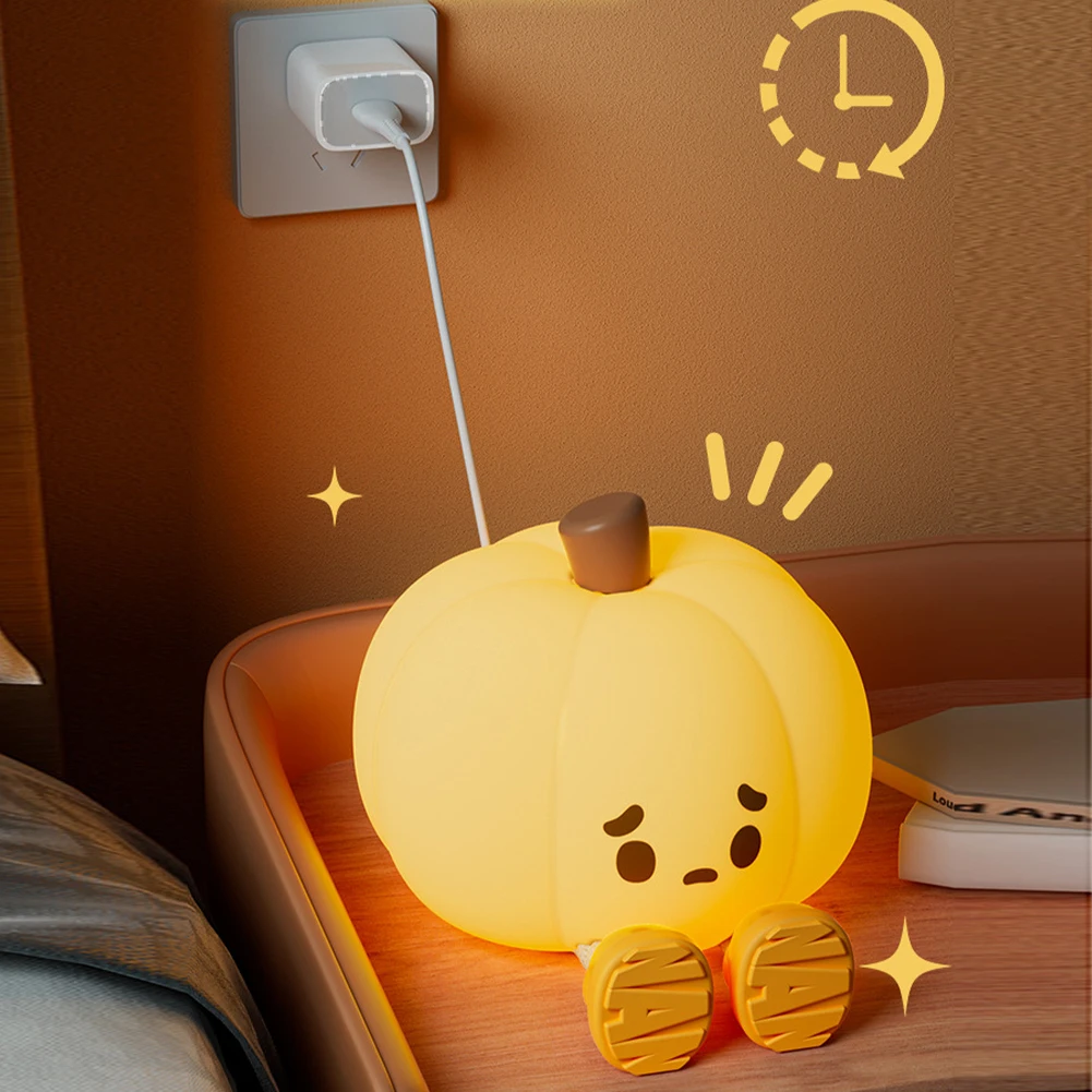 Kids Cute Silicone Pumpkin Night Light Rechargeable Nursery Pumpkin Nightlight Dimmable Touch Lamp With Timer For Bedroom Decor