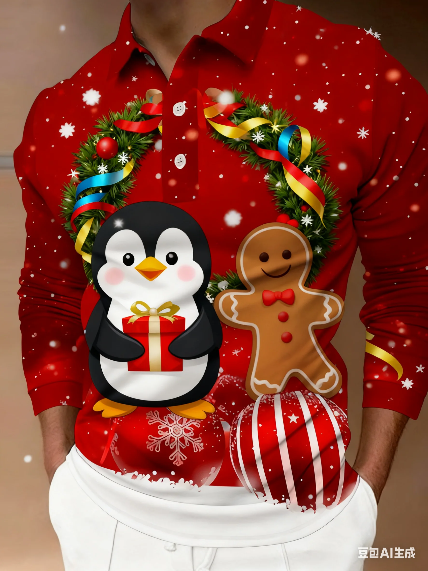 عيد الميلاد الرجال سانتا كلوز زر بولو جولف سانتا كلوز الأيائل ندفة الثلج ثلاثية الأبعاد طباعة الشارع عادية كم طويل المتضخم الرجال الملابس #1