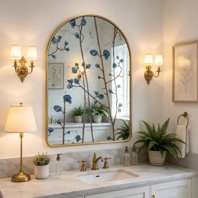 Elegant Golden Metal Arched Decorative Mirror with Carved Blue Flower Branch for Bedroom Living Room Wall Interior Decoration