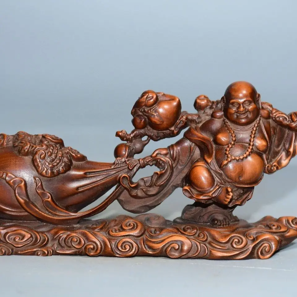 Hand Carved Wood pulling the money bag Maitreya Buddha Statue Figurine Desktop Ornaments Home Decoration Crafts Tea Pet Decor
