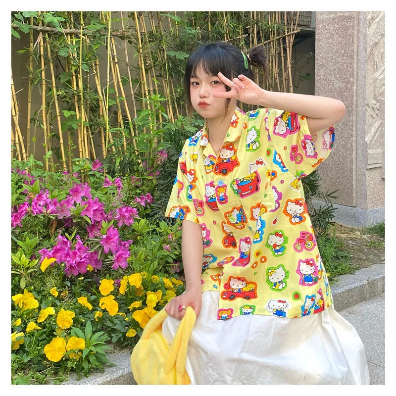 Sanrio Hello Kitty Colorful Graffiti Print Blouse 2022 Summer New Soft Girl Cute Cream Yellow Shirt Y2k Retro Women Kawaii Top