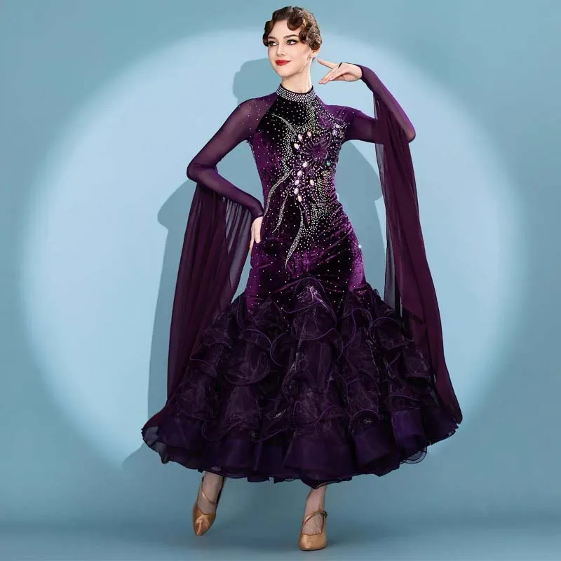 Advanced Ballroom Competition Dance Dresses Adult Elegant Purple Shiny Waltz Dance Skirt Women Standard Ballroom Dancing Wear