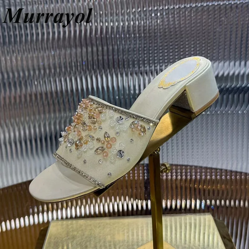 New Dress Shoes Women Open Toe One Strap Square Heels Slippers Summer Flower Rhinestone String Bead Decor Solid Color Sandals