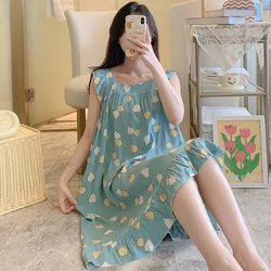 Sleep Shirts For Women Square Neck Sleeveless Nightwear Vest Dress Thin Printed Summer Nightgowns Loose Women's Nightdress