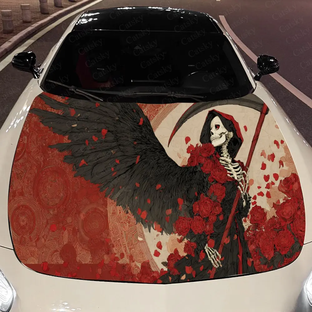 

Red Rose Black Wing Grim Reaper Car Hood Sticker,Waterproof Self-Adhesive Vinyl Graphics Decals,Decor Auto Accessories Stickers