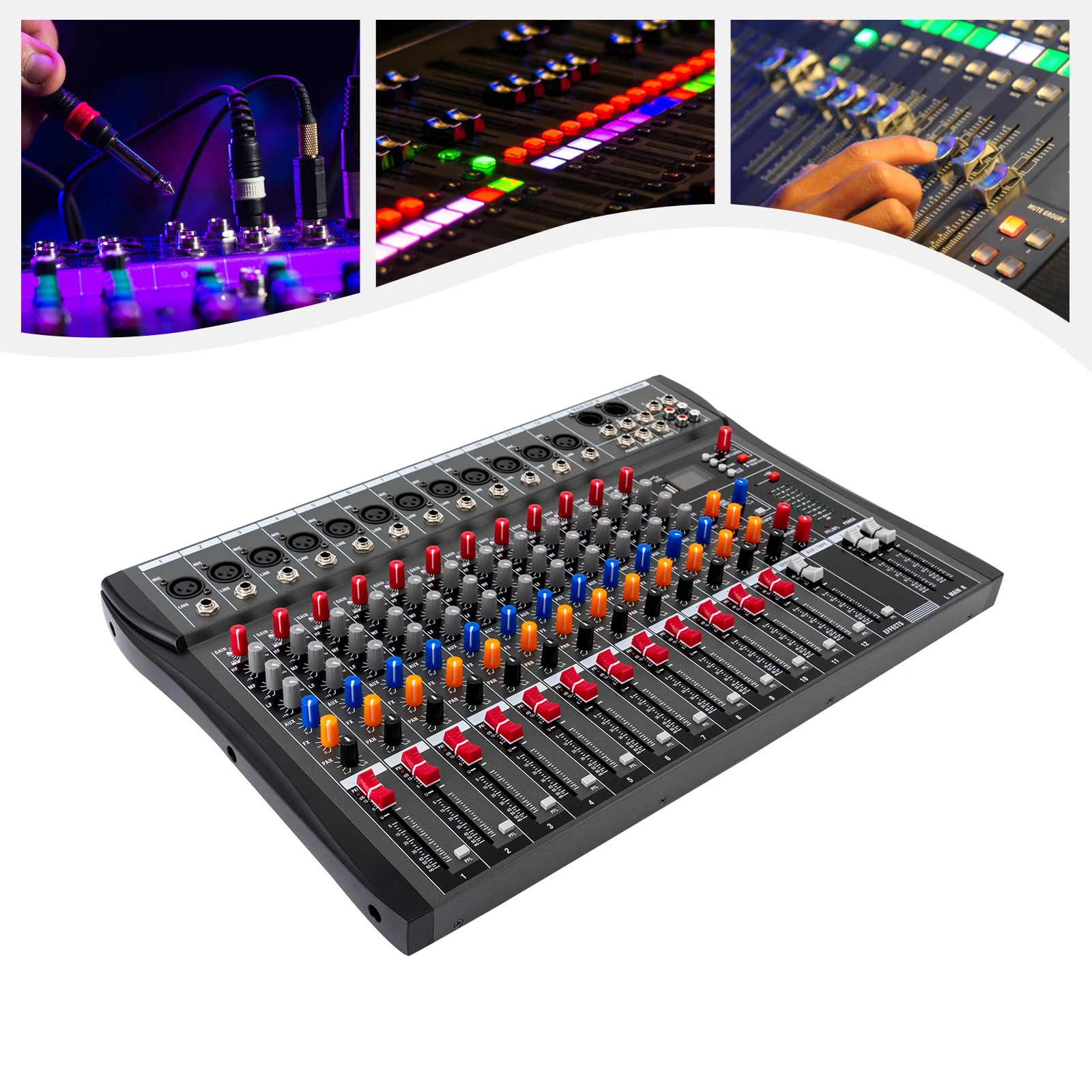 12 Live Audio Bluetooth Audio Mixer with USB Drive for Computer Recording Bluetooth 12 Channel Audio Mixer XLR Microphone Socket