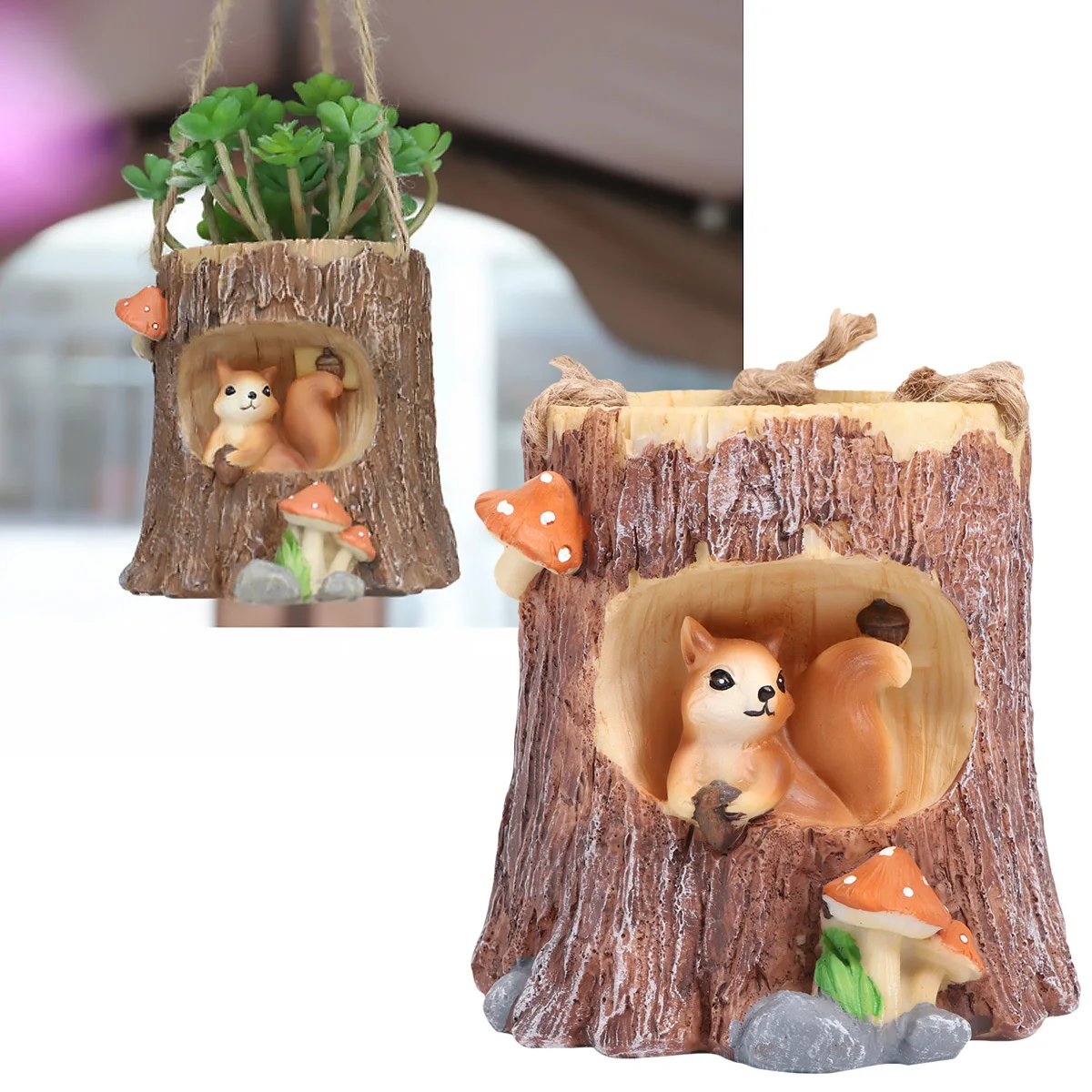 Stump Shape Resin Flowerpot Animal Pattern Durable Resin Ornament Home Office Succulent Plant Container Tool Hanging Strap Basin