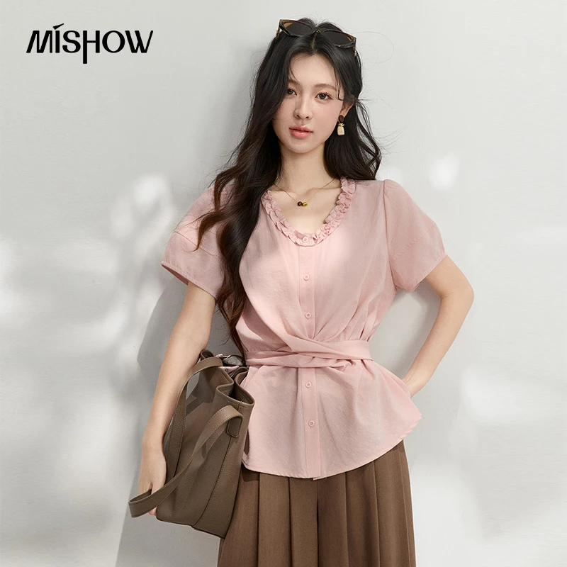 

MISHOW Twisted Waist Shirt For Women 2026 Summer Fungus Edge V-Neck Gentle Mature French Retro Fashion Slimming Top MXF26X2659