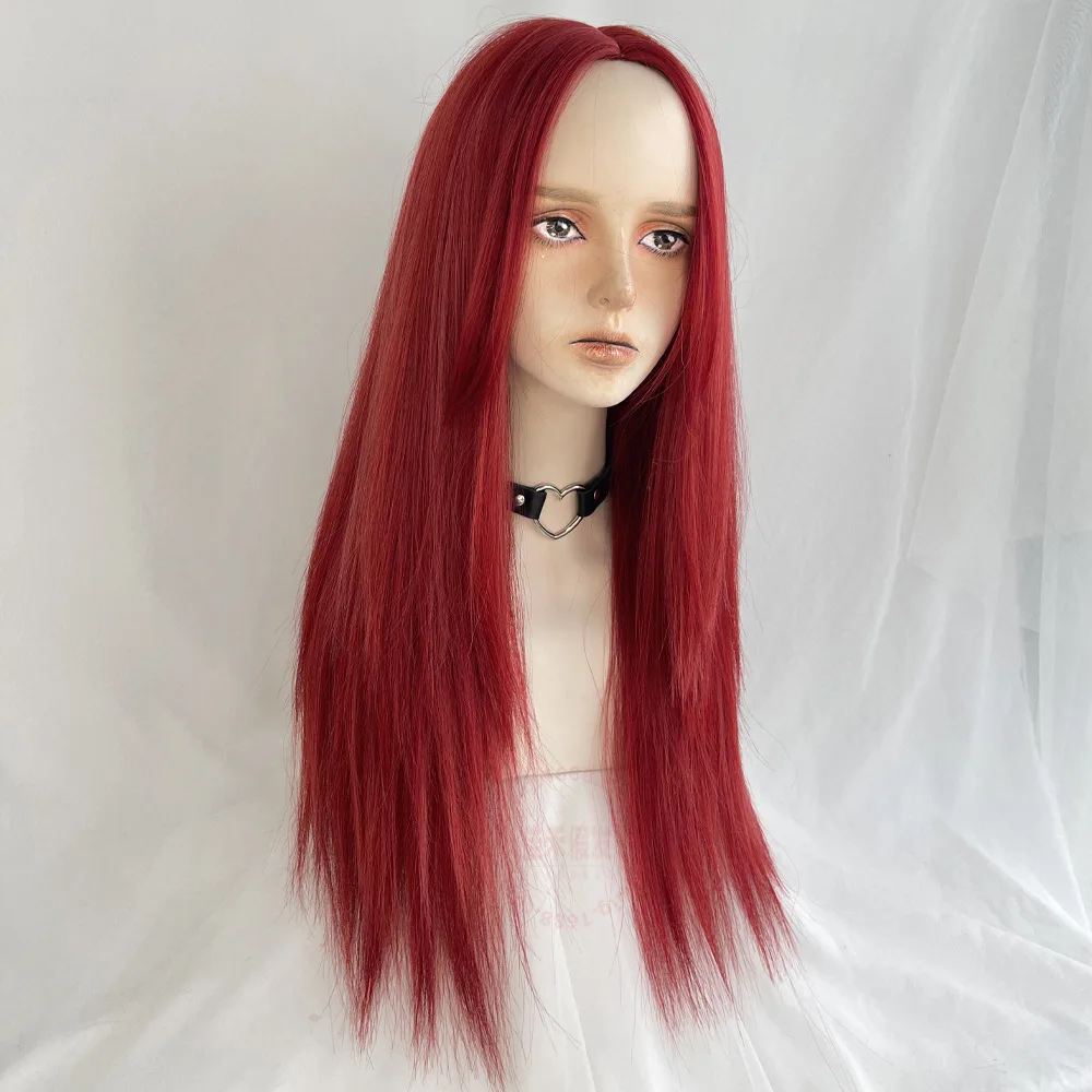 جديد منتصف هامش الانفجارات شعر مستعار أحمر اللون واقعية طويلة مستقيم الشعر العالمي كوس ارتفاع درجة الحرارة شعر مستعار الحرير #2