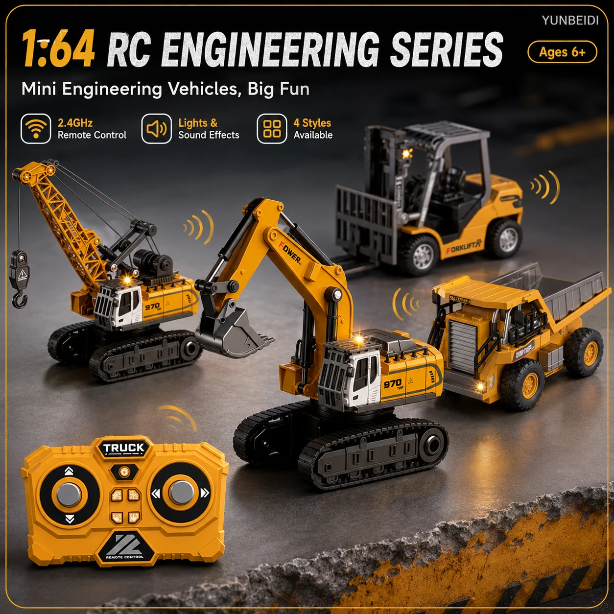 1:64 2.4G RC Mini Alloy Car Forklift with Trailer Excavator Desktop Game Remote Control Engineering Lift Truck Child's Toy Gifts