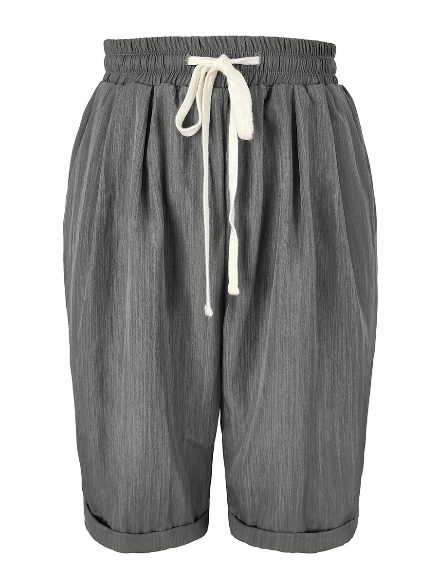 Damen-Sommer-Shorts mit Textur, knielang, elastische Taille, Kordelzug, lockere Bermuda-Hose mit weitem Bein und Taschen, Streetwear – Detail 4