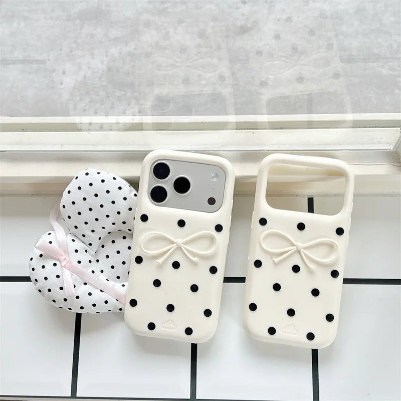 Korean 3D White Bowknot Black Polka Dots Soft Silicone Phone Case For IPhone 17 16 15 14 13 Pro Max Shockproof Protective Cover view 2