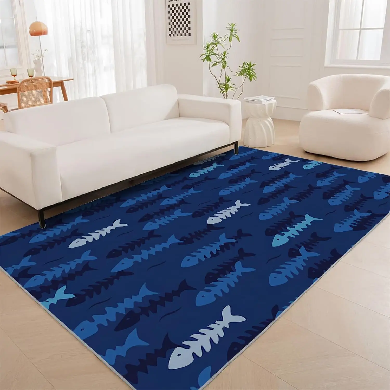 Ocean Entryway Rug, Blue Fish Cartoon Carpet, Sea Coastal Area Rug, Bedroom & Living Room Decor, Kid & Pet Friendly Rug