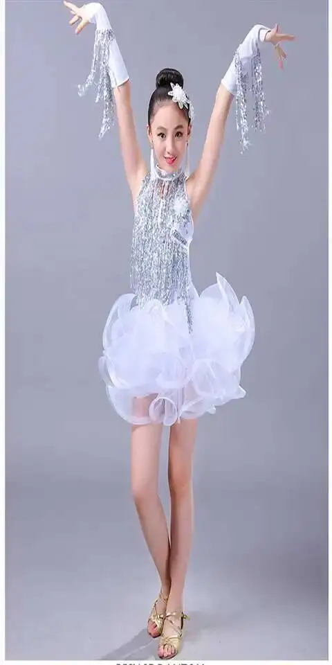 Vêtements de spectacle de danse latine pour enfants, jupe de danse latine pour filles, compétition de performance, paillettes, glands, robe latine