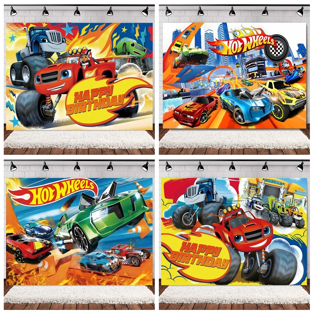 B-Blaze Monster Birthday Party Backdrop Hot Wheelsed Red Flame Tire Track Crusher Custom Photo Booth Boys Kid 1st Decor Props