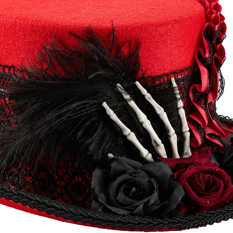 New Gothic Steampunk Top Hat Women Vintage Rose Feather Lace Top Hat Halloween Carnival Cosplay Costume Party Photo Props Unisex 6