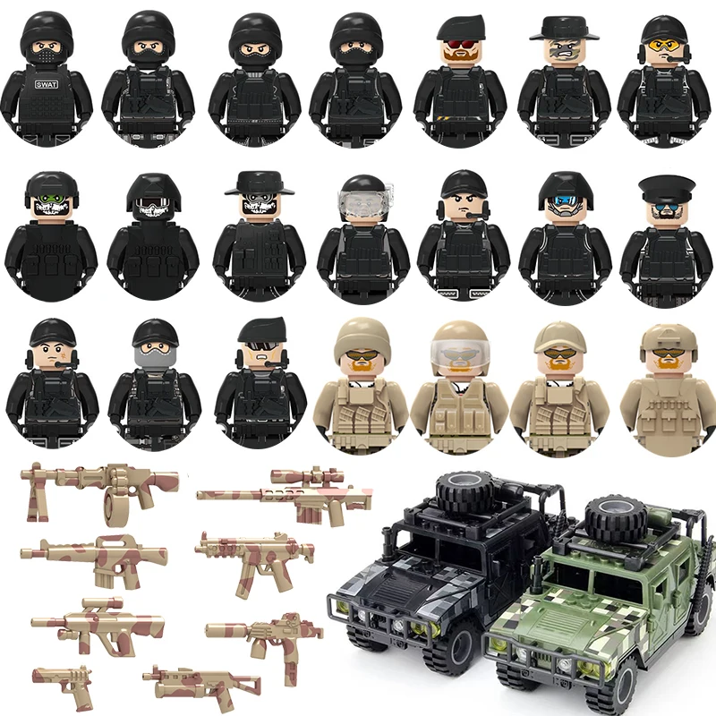 Military Special Forces SWAT Gangster Jeeps Off-Road Vehicle Assault Boat Model Soldier Weapons Building Block Toy For Children