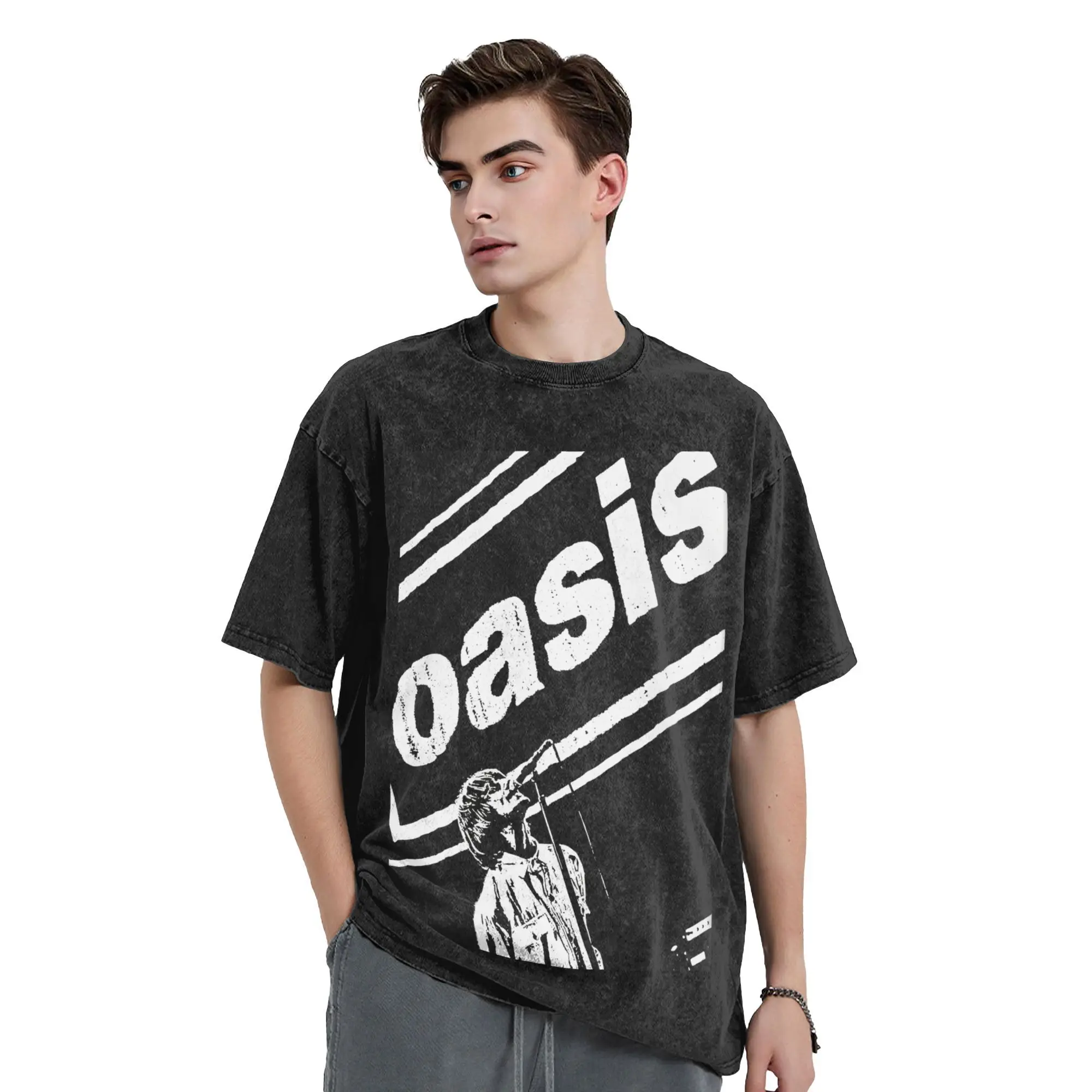 Vintage O-Oasis Rock Music Band  T-Shirts for Men O Neck Pure Cotton Washed T Shirts American Album Tour Short Sleeve Tees Tops