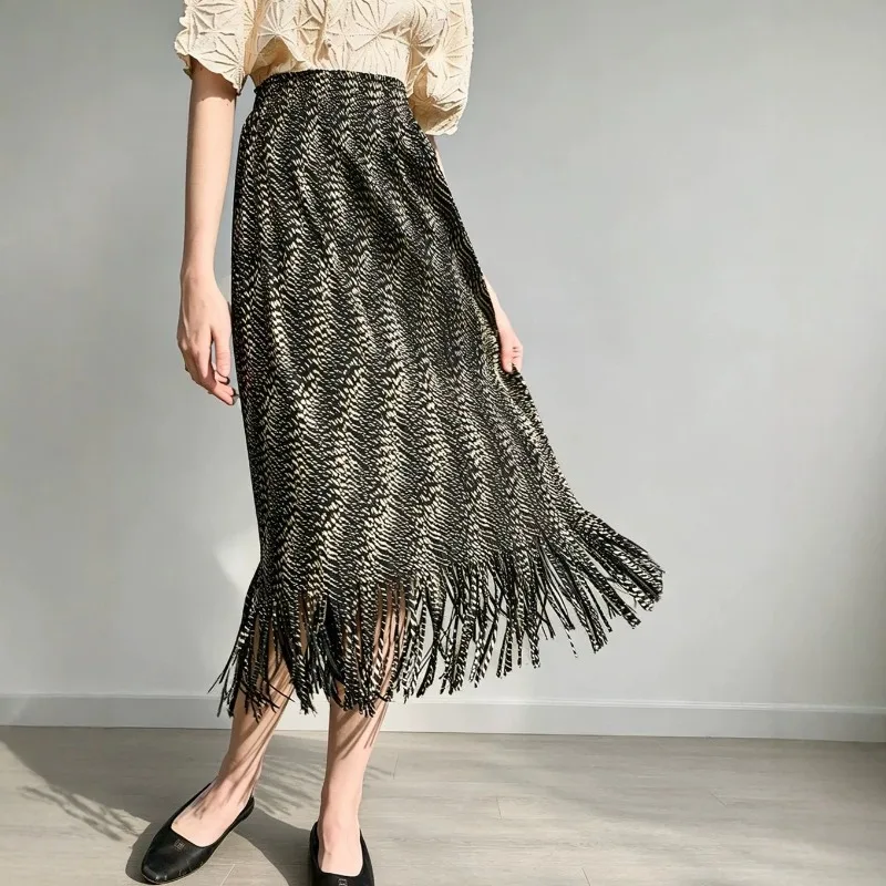 Miyake Pleated 2026 New Summer High-Waisted Retro Striped Fringed Pleated Skirt for Women Draped Versatile Straight Skirt Pleat