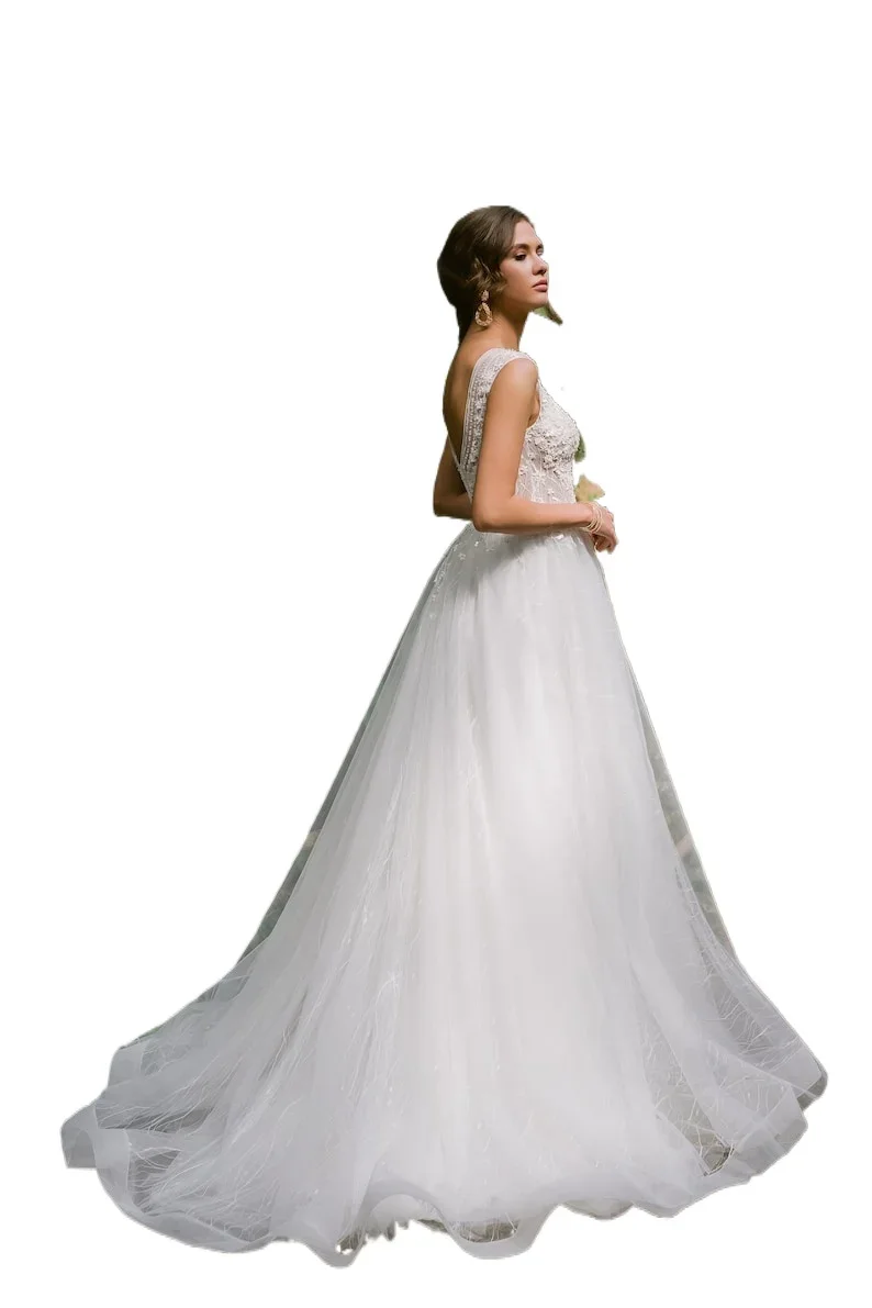 Backless A Line Tulle Bridal Gown with Train Custom Bridal Gowns Custom made Embroidered Wedding Dress, Floral Lace Wedding Gown