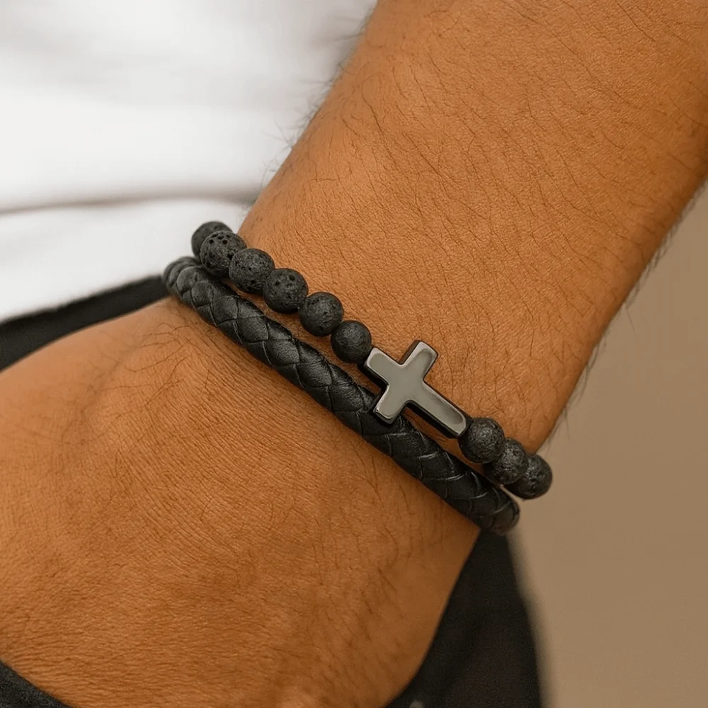 Men Bracelet Leather Double-Row Braided Bracelet Black Bible Verse Lava Rock Bead Bracelet Magnetic Cross Bracelet Husband