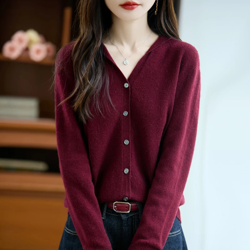 

First Line 100% Merino Wool Knitted Cardigan Women's Autumn And Winter Hoodie Loose Sweater Fashionable Versatile Coat Top