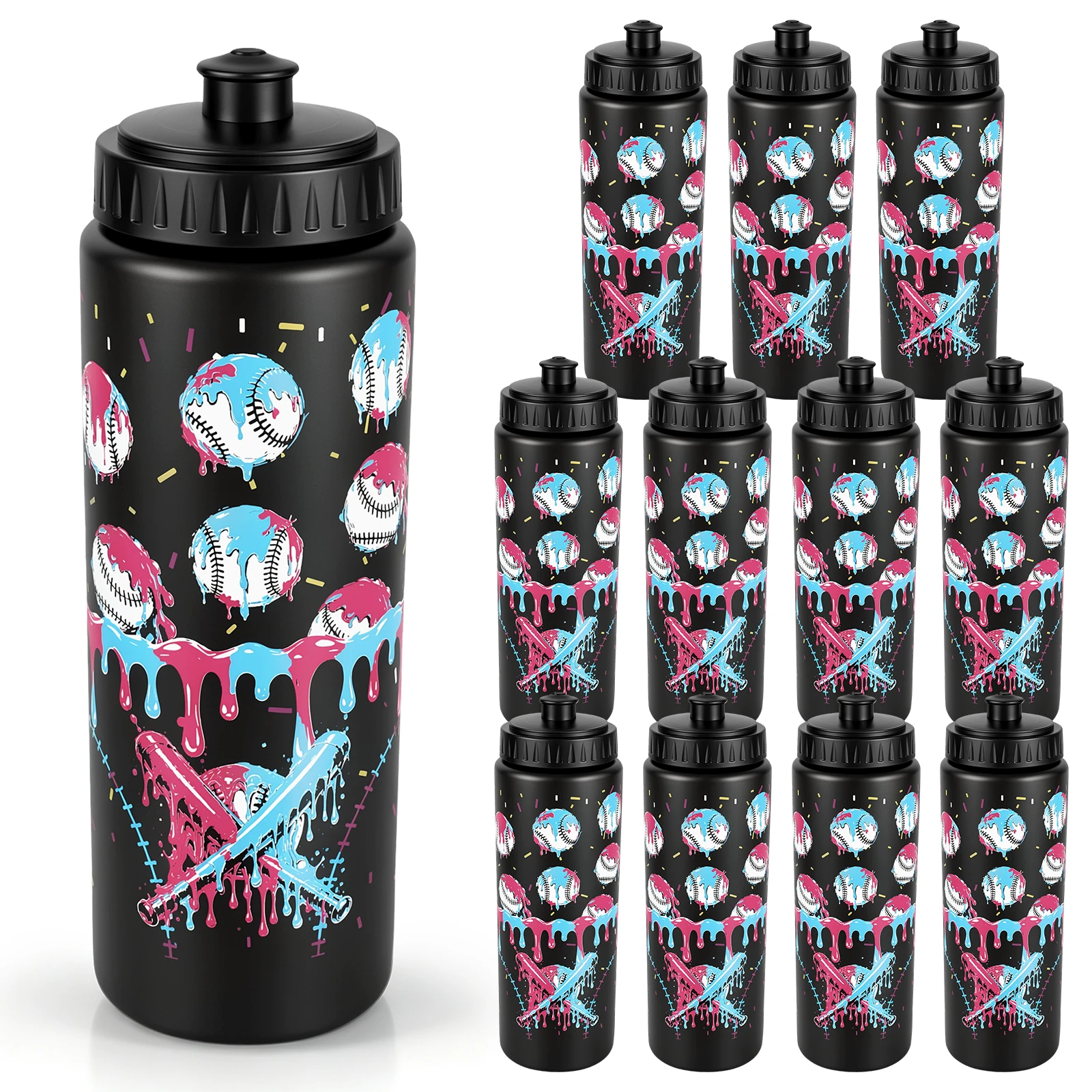 12Pcs Plastic Leakproof Black Sports Water Cup 20oz Baseball Drip Ice Cream Themed Water Bottle for Sports Riding Leisure Travel