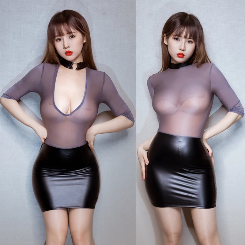 Color Blocking Sexy Women Transparent Short Dress Tight Wrap Hips Sheer Babydolls Spicy Nightclub Party Wearable Front and Back