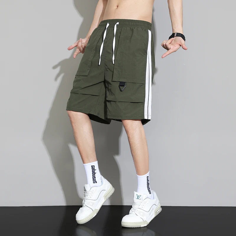 Summer Striped Solid Color Pockets Drawstring Elastic High Waisted Loose Men\'s Clothing Sweatpants Straight Knee England Shorts