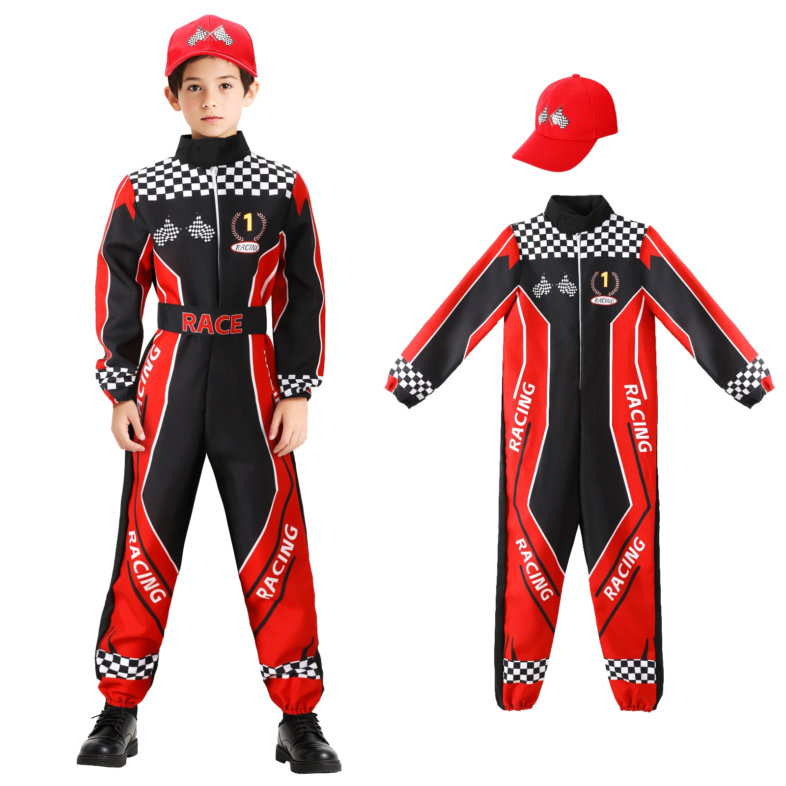 

Kids Race Car Driver Costume Boys Girls Racer Jumpsuit With Car Cap Kids Dress Up for Halloween Cosplay
