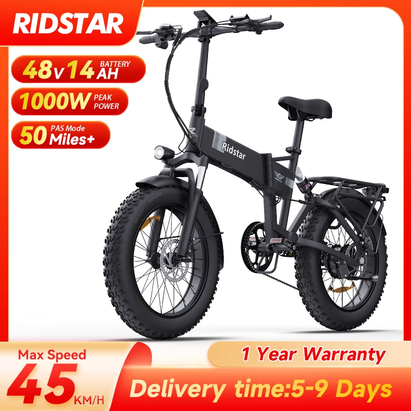 Ridstar H20 Electric Bike 1000W 48V14AH Lithium Battery City travel Folding Electric Bicycle 20*4 Inch Fat Tire Ebike for Adults