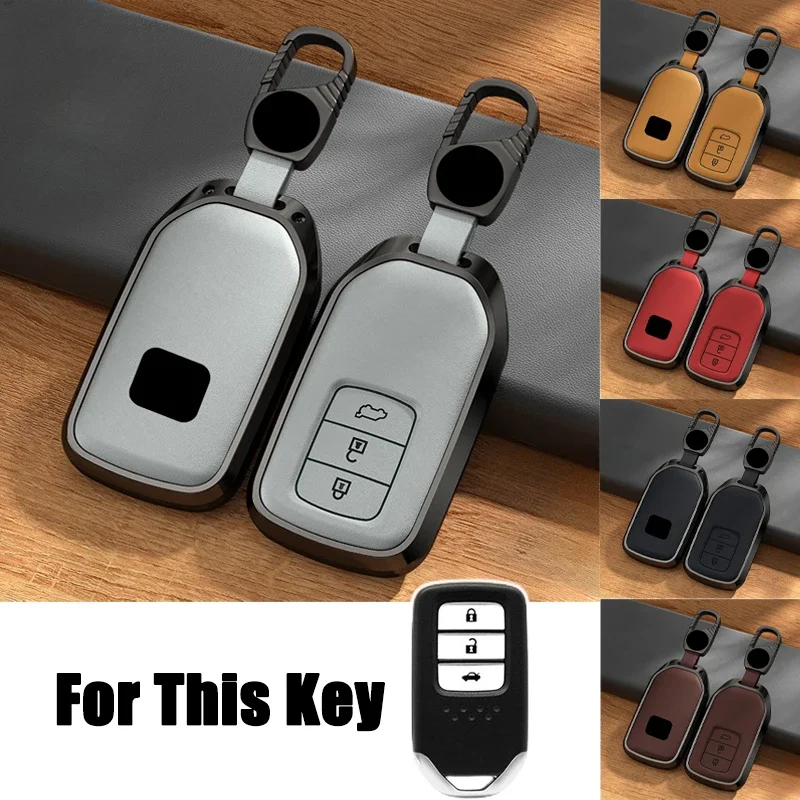 Aluminum Alloy Leather Car Remote Key Fob Case Cover With Keychain For Honda CR-V HR-V CR-Z Ridgeline Accord EX EXL Civic Pilot