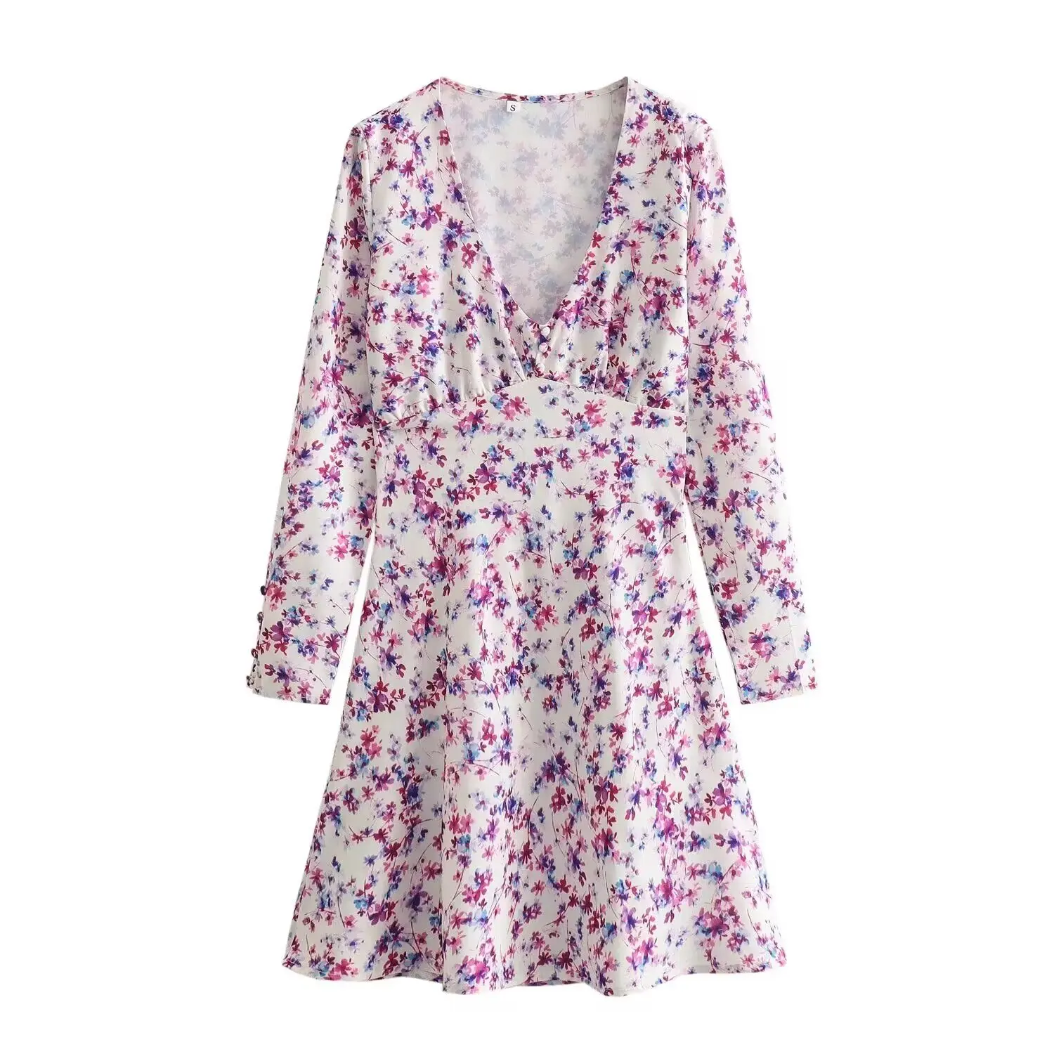 Tangada 2024 Spring Women Flower Print Dress Long Sleeve Female Mini Dress IE006