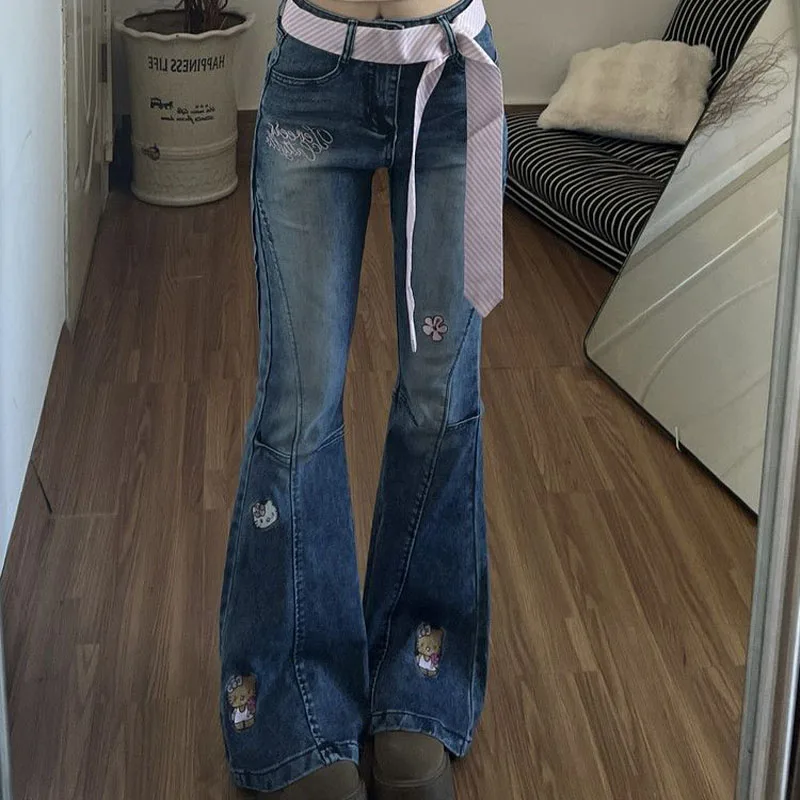 

Y2K Hello Kitty Girls Jeans Cotton Female Wide Leg Pants Cartoon Kt Women Straight Leg Trousers Cute Retro High Waisted Jeans