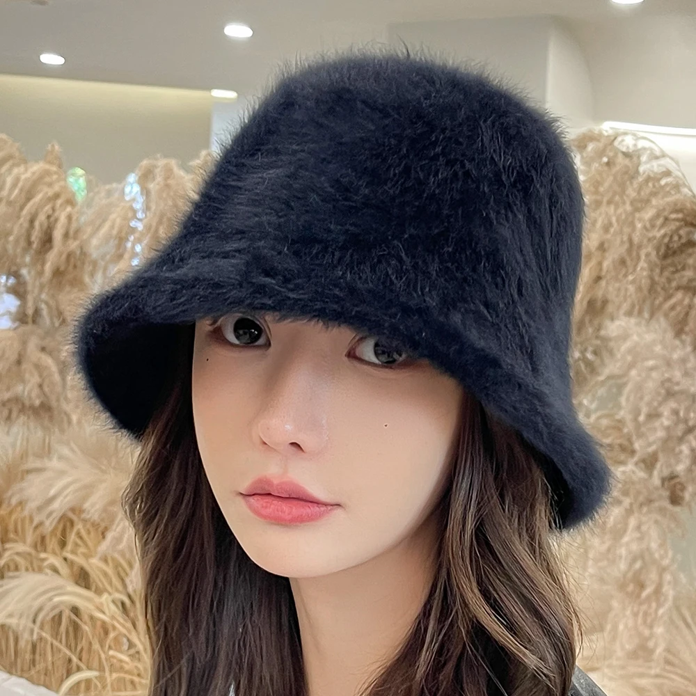 Simple Winter Hat For Women's Fashion Solid Color Rabbit Fur Hat Bucket Cap Fisherman's Hat Retro Knitted Wool Basin Bucket Hat