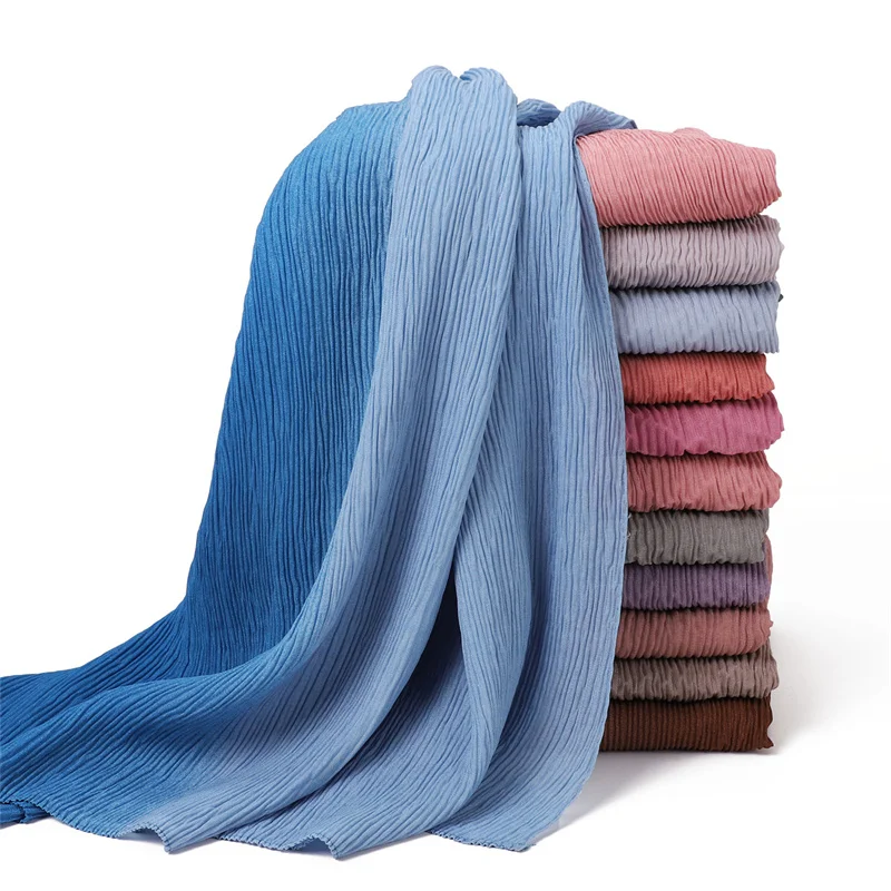 Women Plain Ombre Wrinkle Polyester Shawls Scarf Lady Shimmer Pleated Headband Wrap Solid Crinkle Scarves Muslim Hijab 180*70Cm