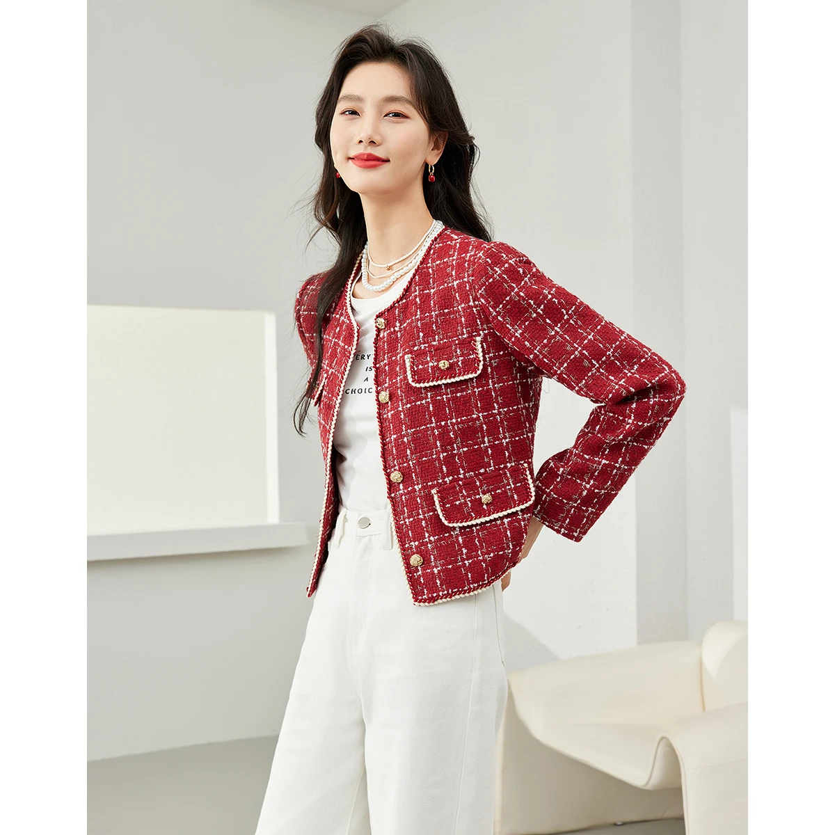 เสื้อแจ็คเก็ตผู้หญิงลายสก็อต VIMLY รุ่นหรูหรา ประจำฤดูใบไม้ร่วงปี 2025 แฟชั่นใหม่ สไตล์เรียบหรู คอทรงโอ ติดกระดุมแถวเดียว ใส่ได้หลากหลาย รุ่น M8855