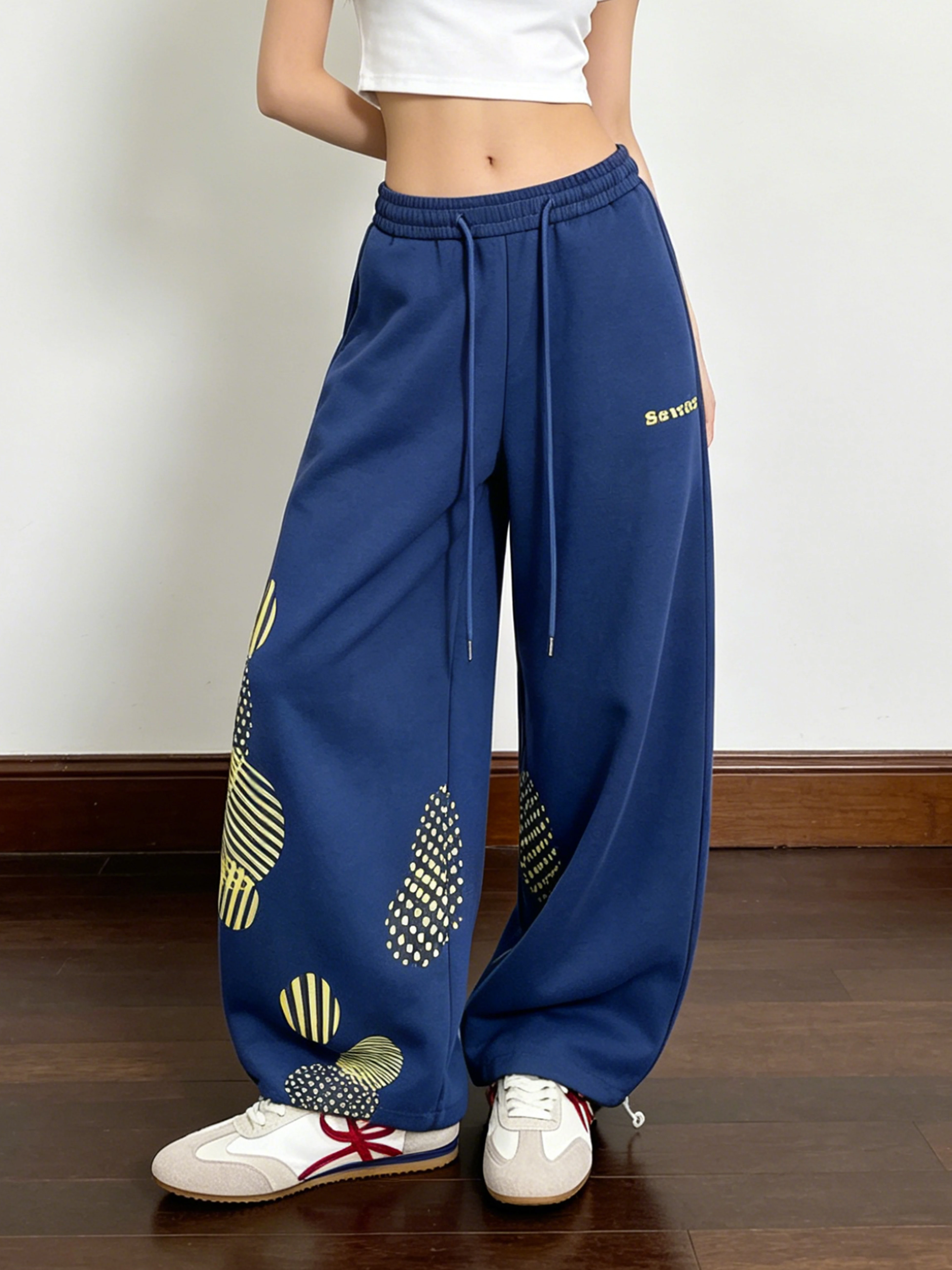 American Retro Print Wide Leg Sweatpants Women Summer Small Neutral Casual Loose Fit Cuffed Pants Cotton Polyester Blend