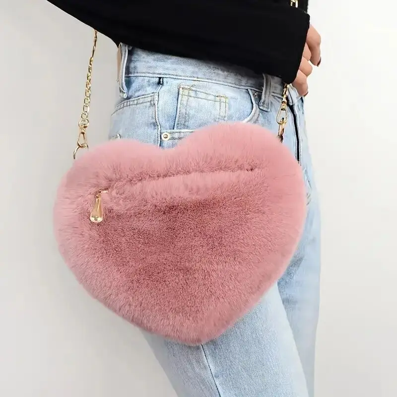 Heart Shaped Fluffy Shoulder Bag Fashion Chain Crossbody Bag Plush Handbag Cute Zipper Purse For Valentine\'s Day