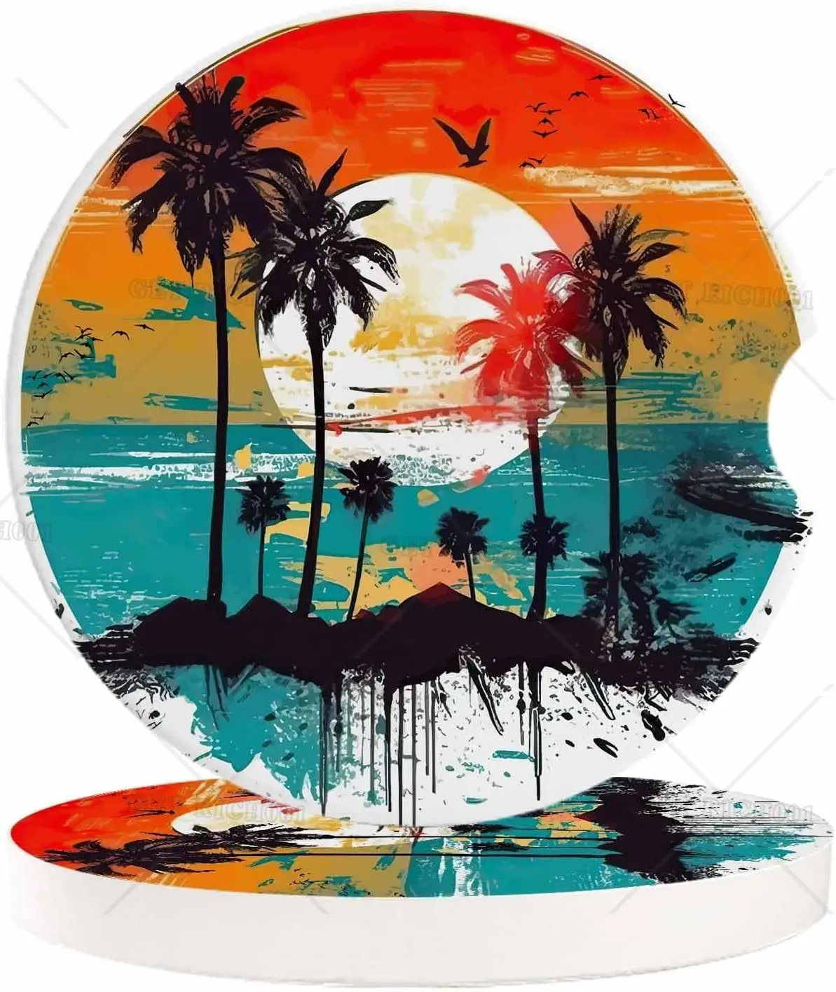 Car Coasters for Cup Holders 2.56in Dia Coasters Set of 2 Car Interior Accessories for Women Doodle Island Coconut Trees Night