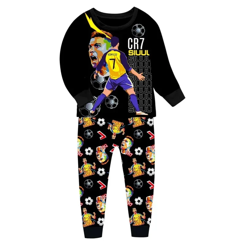 Roupas infantis menino meninas estrela de futebol pijamas camiseta calças 2 pçs confortável mangas compridas homewear siuuu cr7s crianças roupas