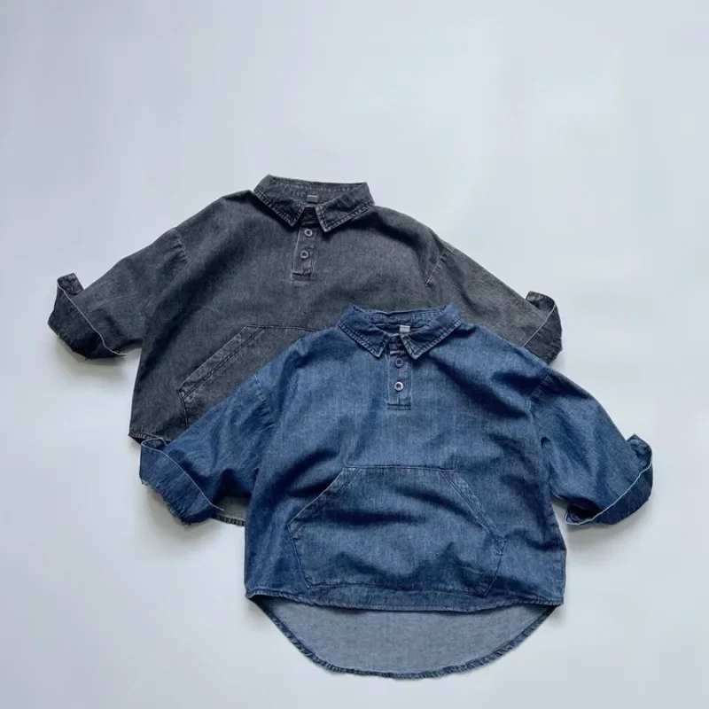 

Autumn New Children Long Sleeve Lapel Shirts Baby Boys Solid Denim Shirts Coat Toddler Cotton Casual Pullover Tops Kids Clothes