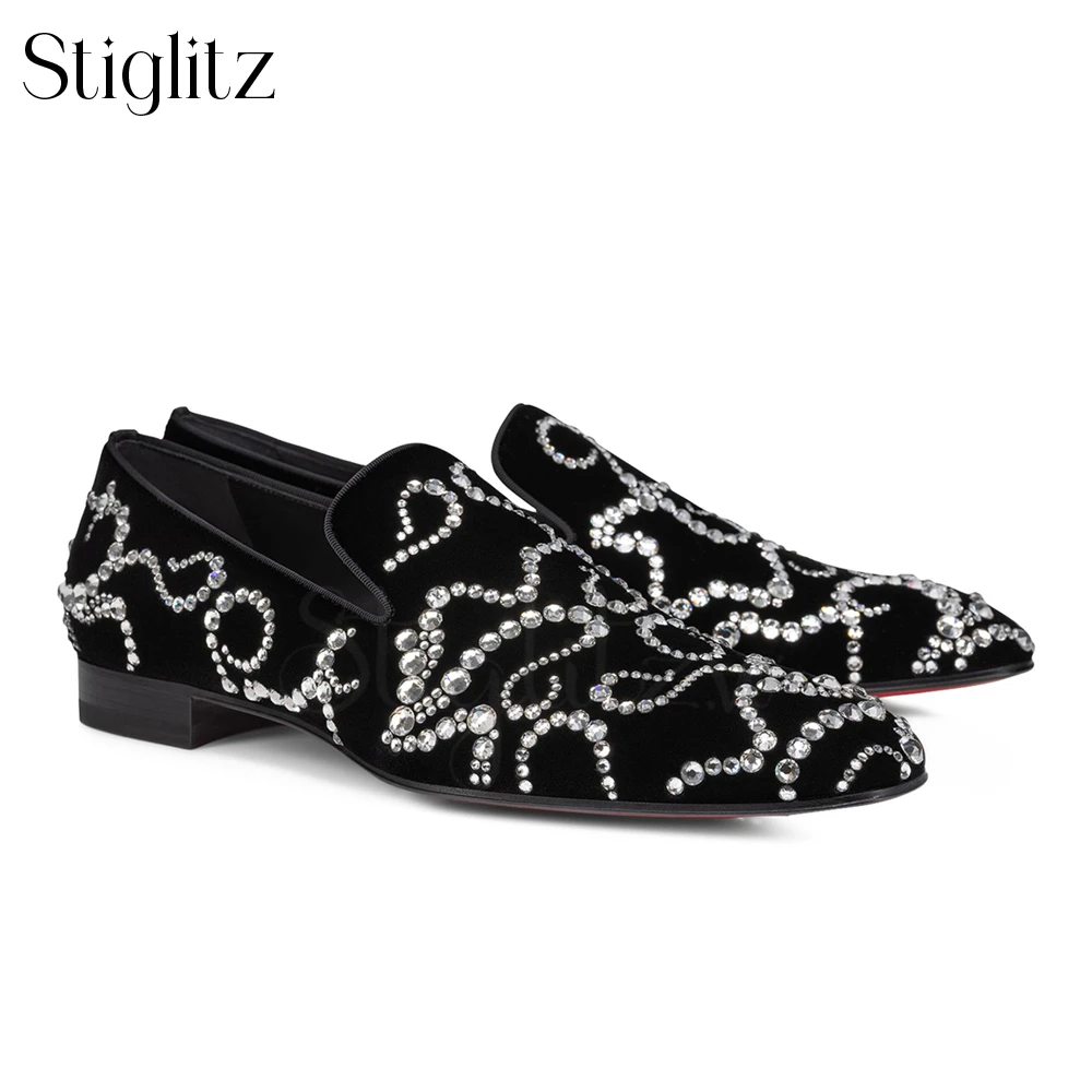 

Luxurious Full Rhinestone Loafers Bling Bling Crystal Flats Handmade Slip on Dress Shoes Banquet Flats Men's Black Suede Loafers