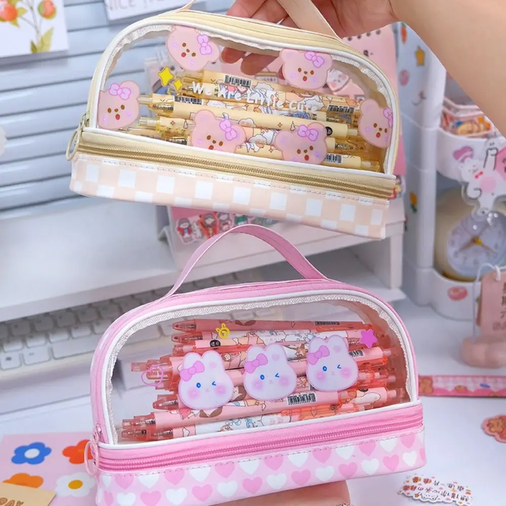 PU Cartoon Pencil Bag Chessboard Pattern Transparent Transparent Stationery Bag Zipper Waterproof Large Capacity Pencil Bag