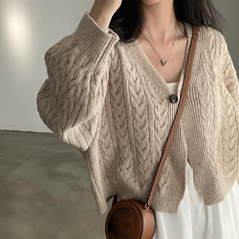 

Knitted Cardigan Coat Women Clothing O-neck Long Sleeve Twist Pull Femme 2024 Ropa Mujer Fashion Vintage Cropped Sweater Tops