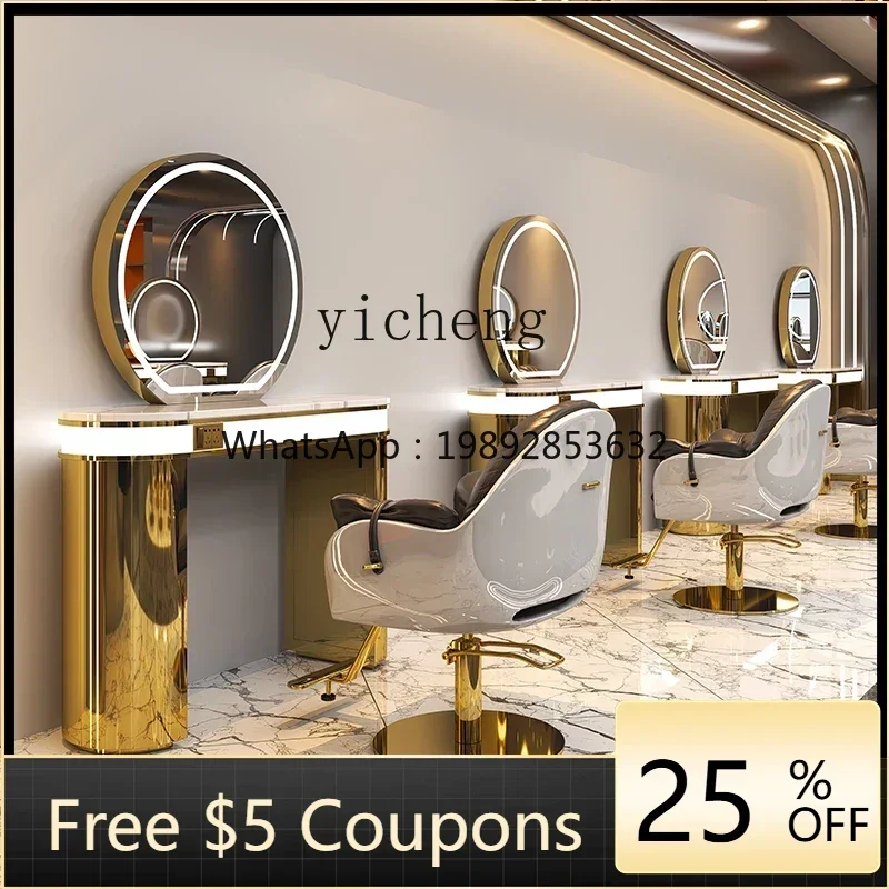 LYY  barber shop mirror table hair cutting mirror stainless steel marble dyeing and ironing table integrated hair mirror